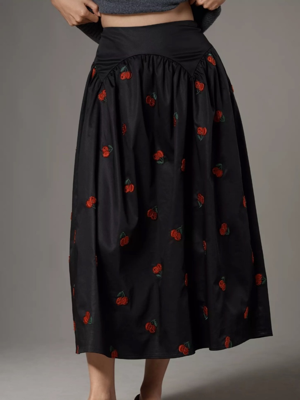 Avec Les Filles Cherry Applique Full Midi Skirt (NWT)